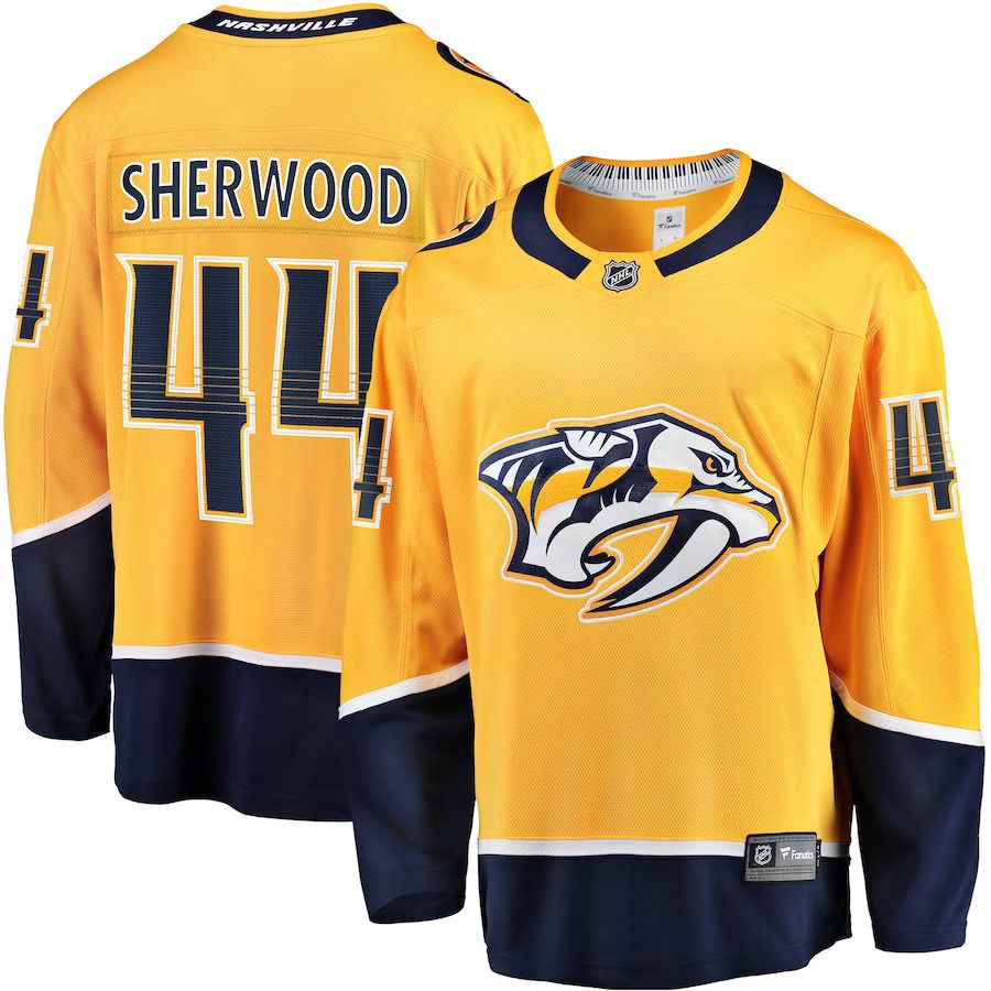 Men Nashville Predators 44 Kiefer Sherwood Fanatics Branded Gold Home Breakaway Player NHL Jersey